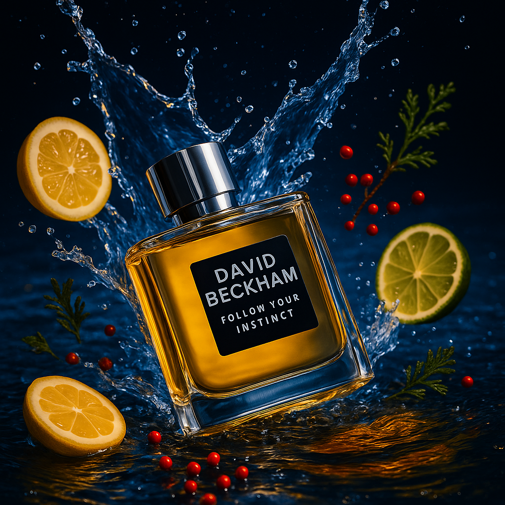 David Beckham’s Follow Your Instinct fragrance bottle surrounded by splashes and citrus elements, representing vibrant freshness and spice

