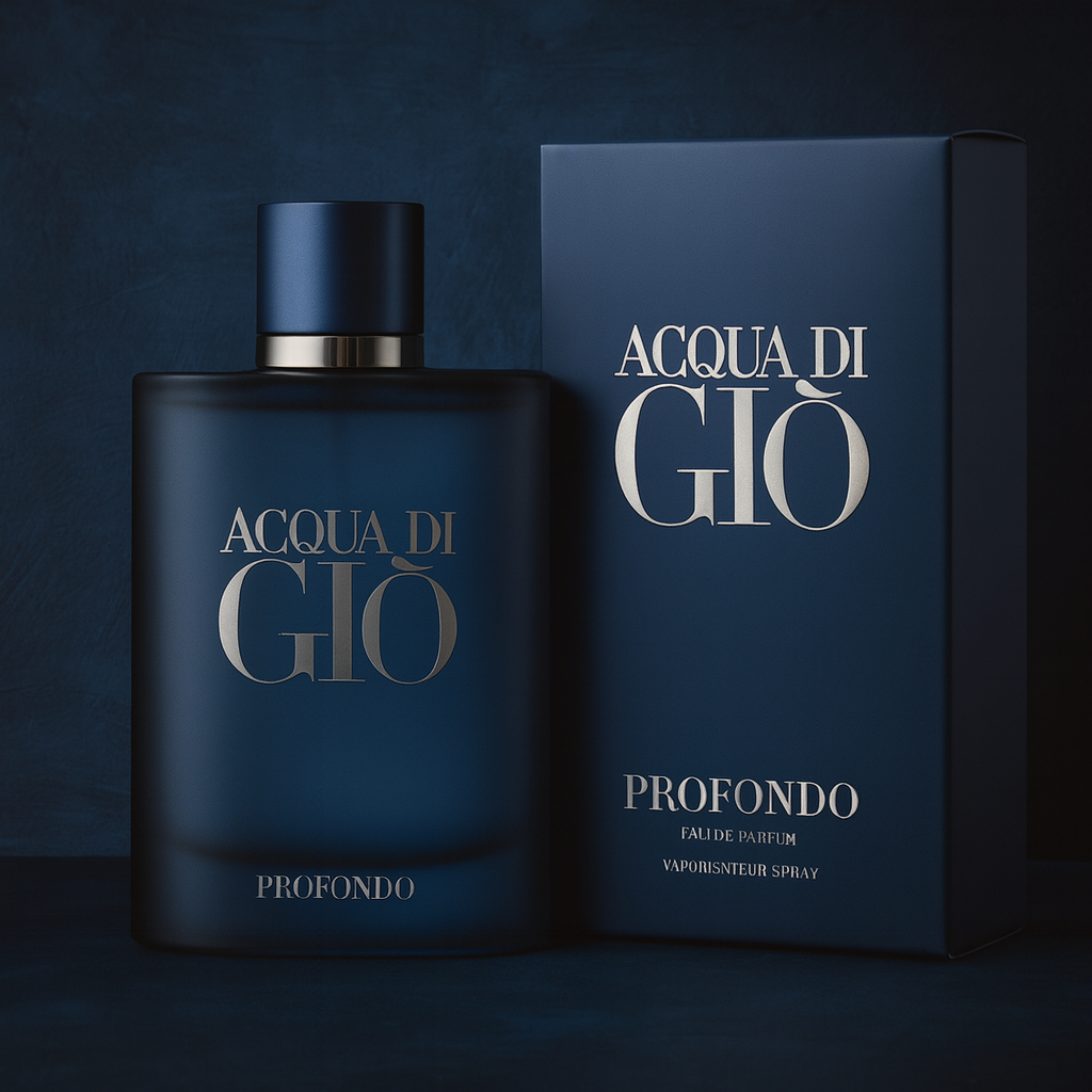 Acqua Di Giò Profondo Eau de Parfum by Fragrance Emporium shown with its matching box, emphasizing premium packaging


