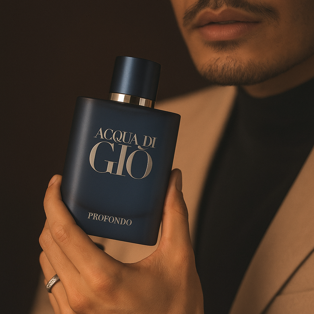 Man holding Acqua Di Giò Profondo Eau de Parfum by Fragrance Emporium, representing masculine elegance and sophistication

