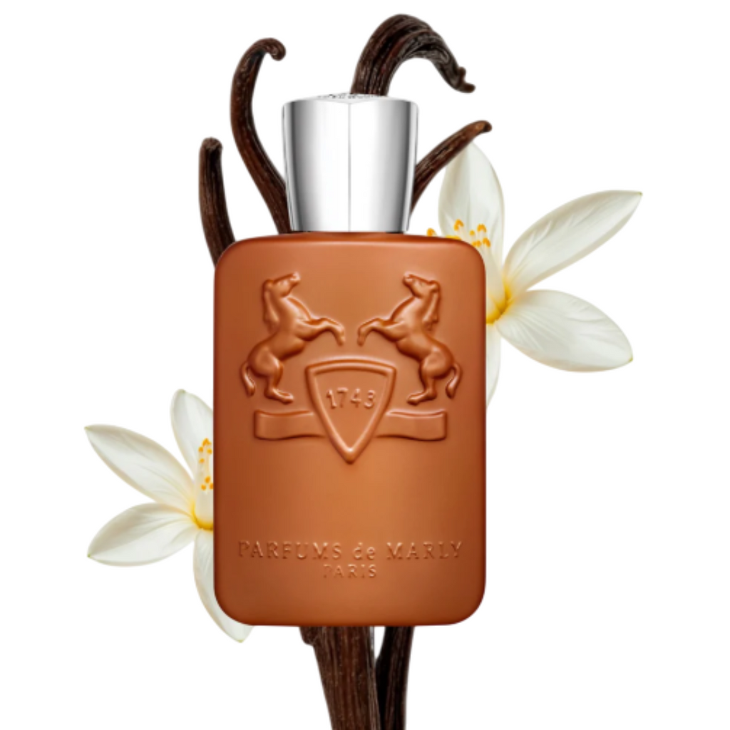 Fragrance Emporium – Parfums de Marly Althair Eau de Parfum bottle with vanilla pods and flowers, symbolizing its sweet and warm amber vanilla composition.