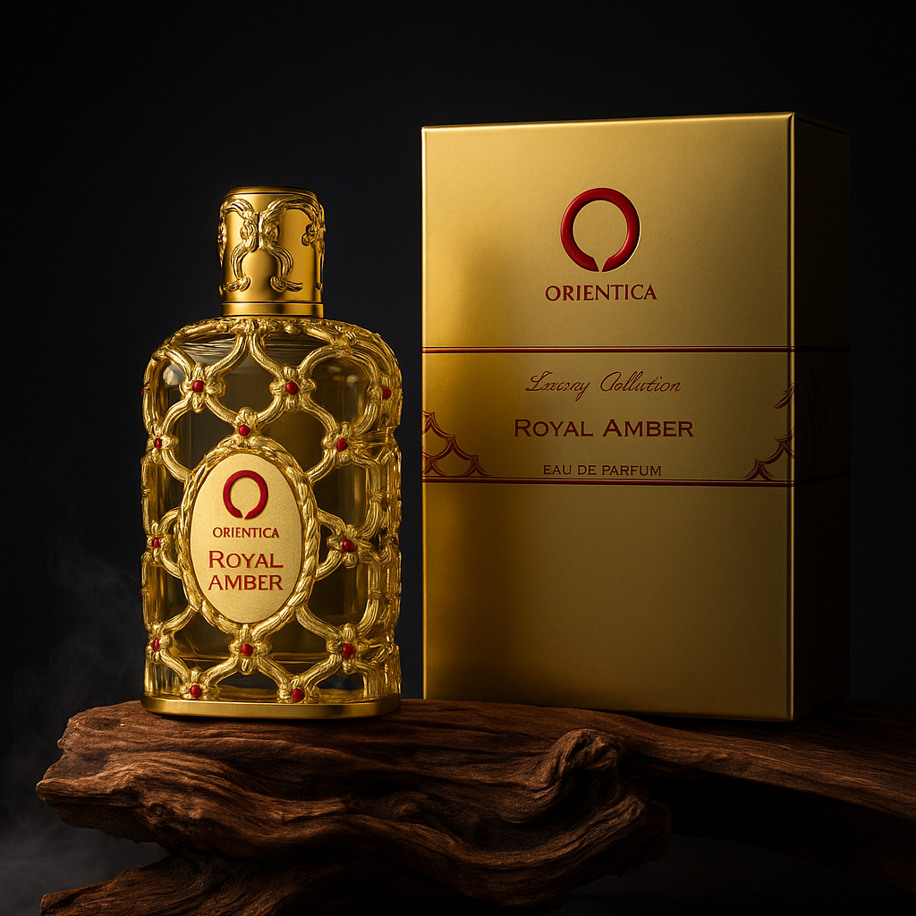 Golden Veil Amber Crown bottle showcased in premium box setting by Fragrance Emporium – elegant packaging for elite fragrance experience.


