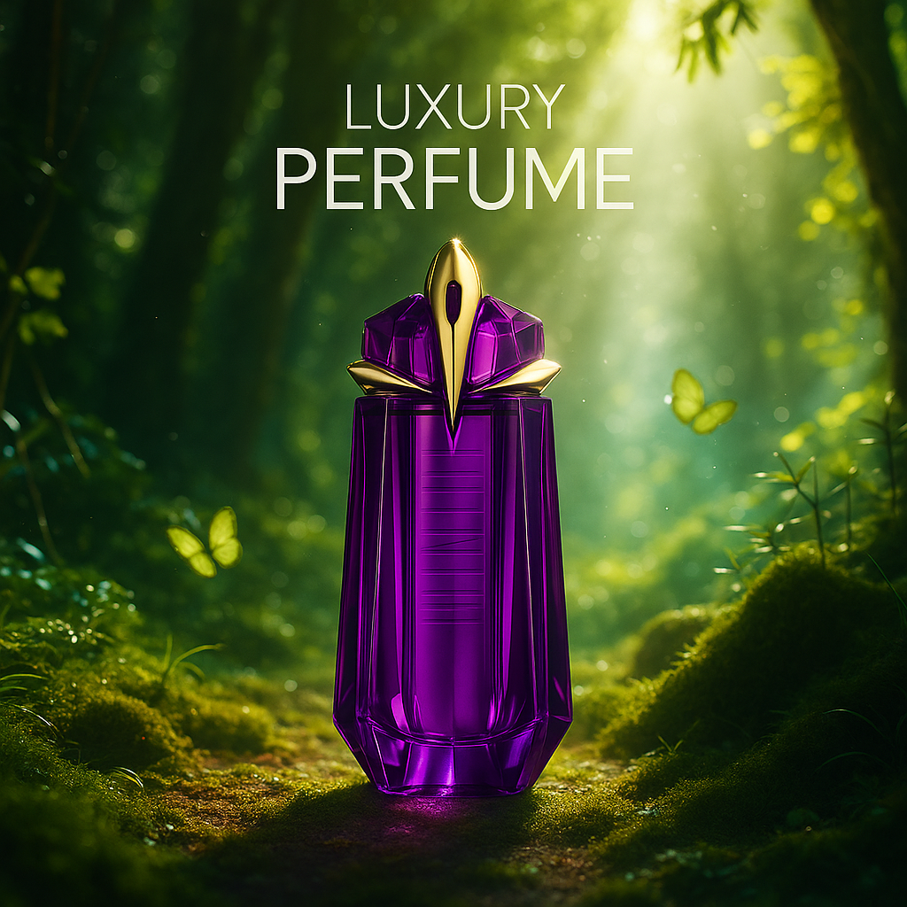 Amethyst Bloom Forbidden Grace EDP by Fragrance Emporium placed in a lush green forest scene with “Luxury Perfume” branding


