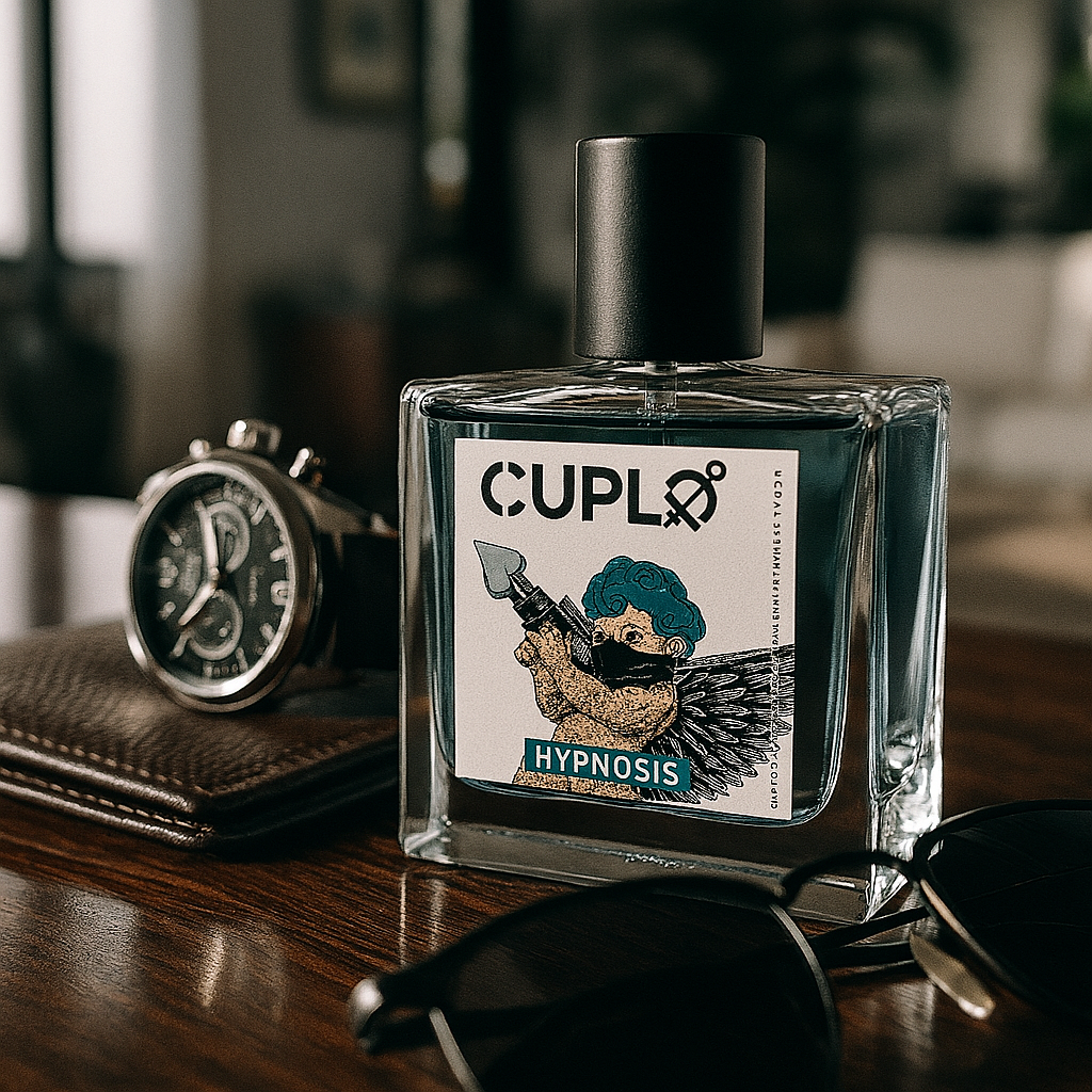 Artistic display of Fragrance Emporium’s Aqua Hypnôse EDP on wood and fabric – sophisticated and bold men’s perfume presentation.

