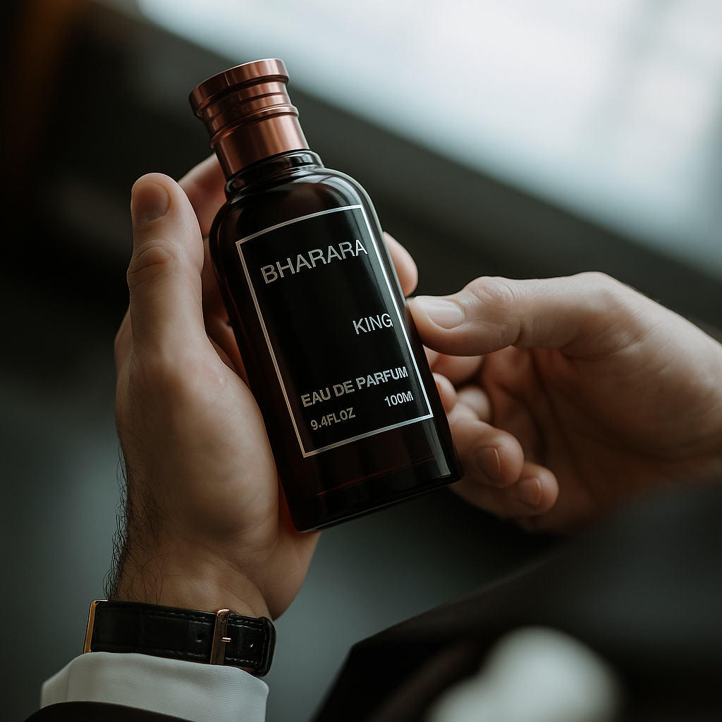 Close-up of hand holding Bharara King Prestige EDP, capturing elegance and confidence in motion

