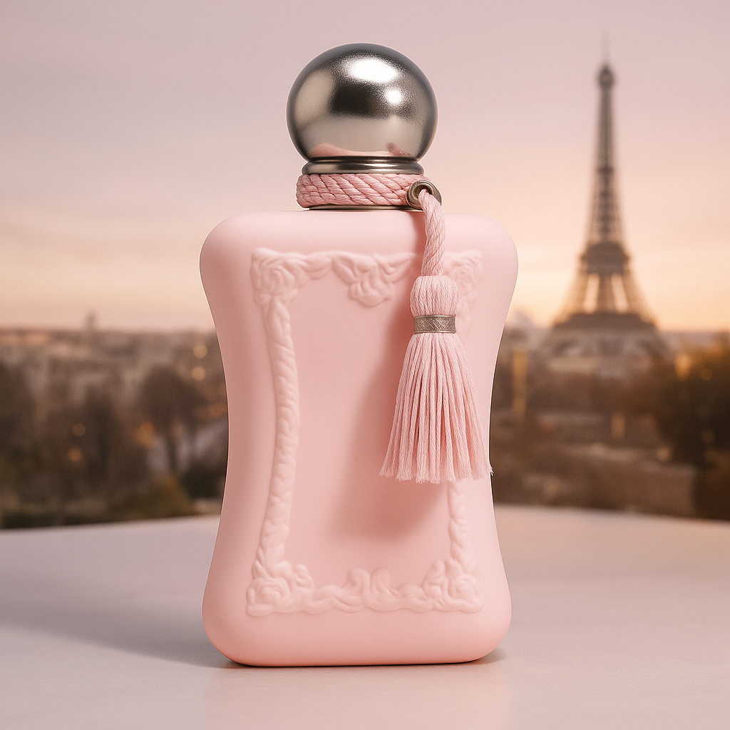 Blush Enchanté perfume displayed with Eiffel Tower backdrop – romantic ambiance for refined women’s fragrance by Fragrance Emporium.

