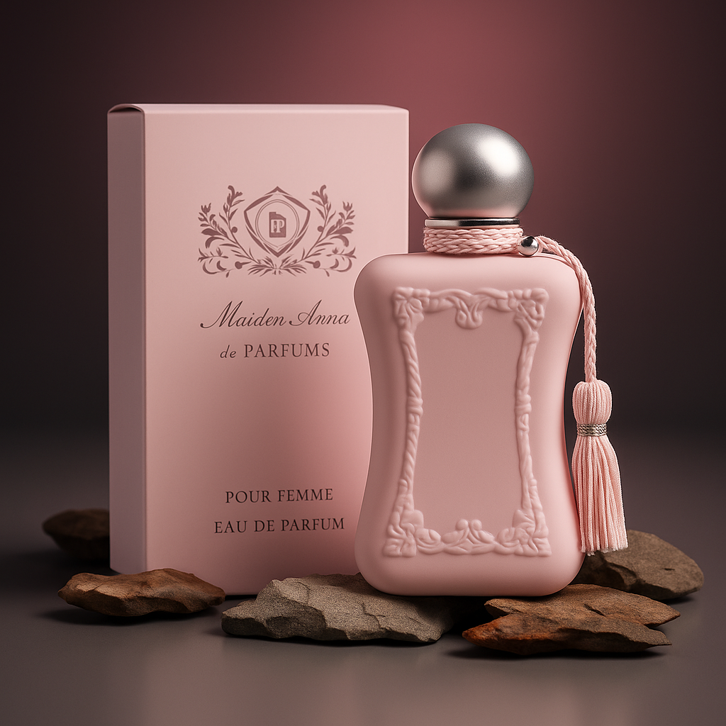 Flat lay of Blush Enchanté EDP with pink box and branded card – premium unboxing experience of a graceful and modern floral scent.

