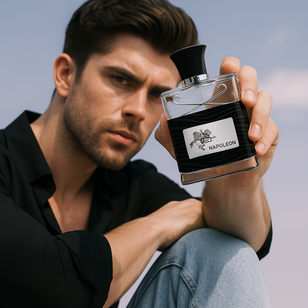 Attractive man confidently holding Imperial Ride fragrance by Fragrance Emporium, embodying luxury and unstoppable confidence

