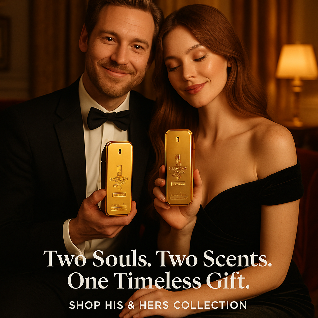 Happy couple holding Imperial Flame perfume by Fragrance Emporium – romantic visual promoting matching scents and gift appeal.

