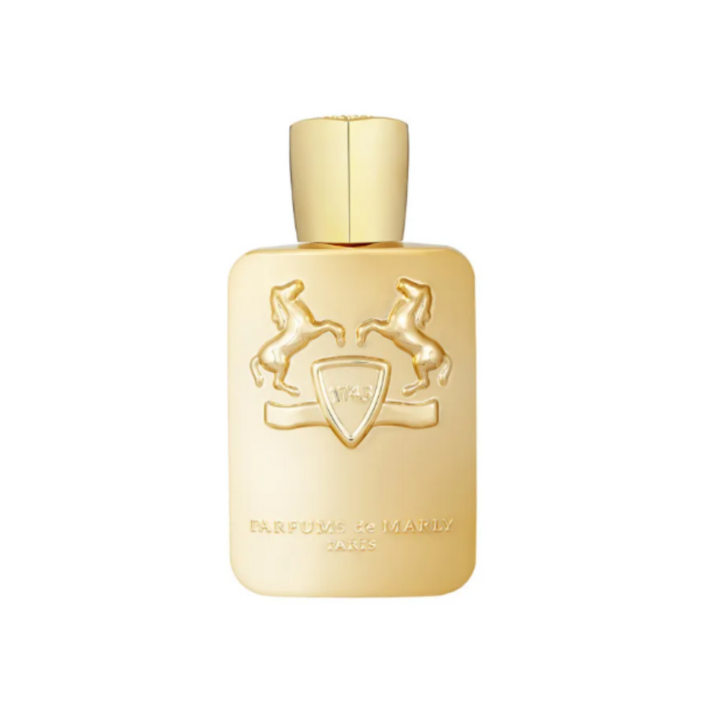 Fragrance Emporium – Parfums de Marly Godolphin Eau de Parfum, elegant gold bottle. A bold men’s fragrance with leather, amber, saffron, and woody notes.