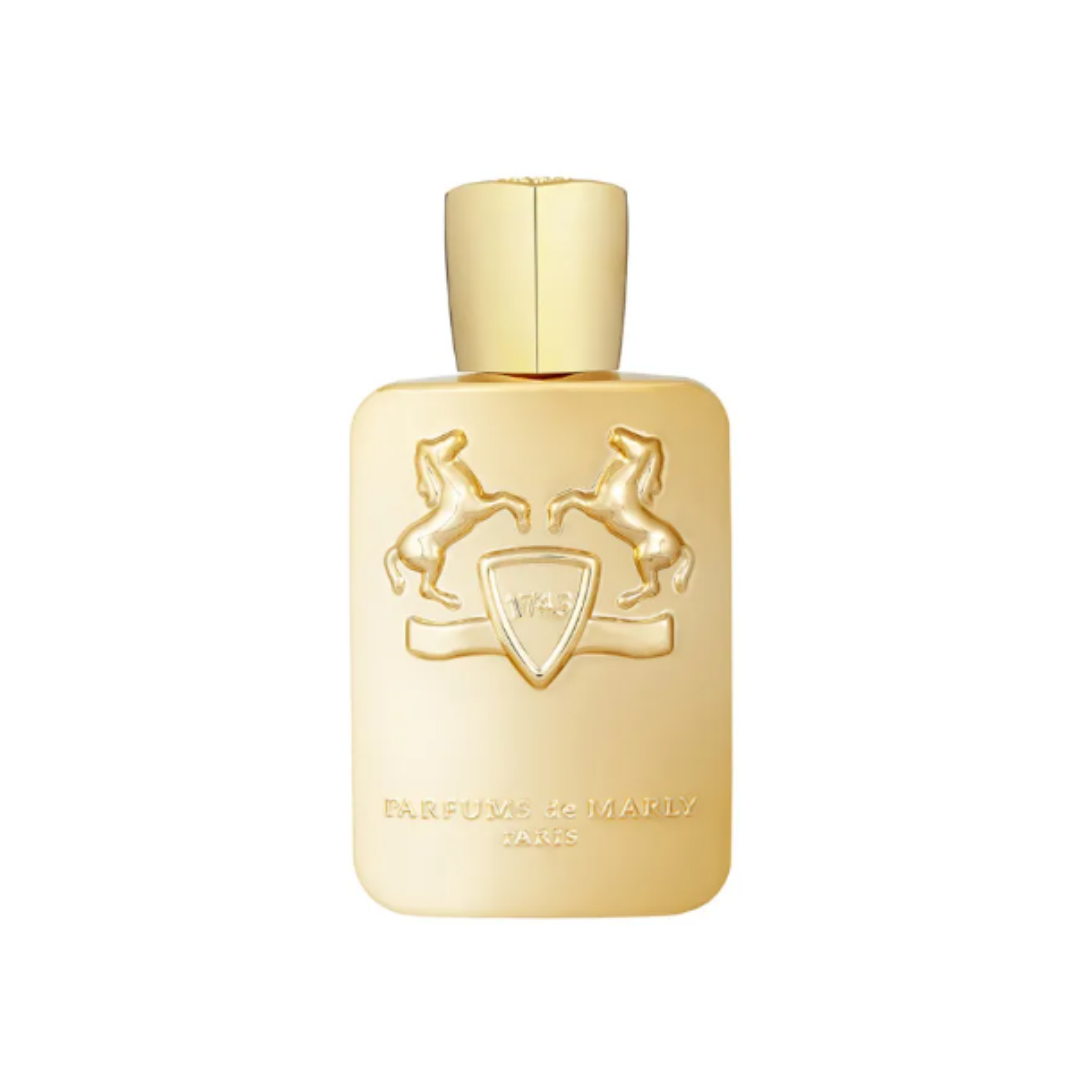 Fragrance Emporium – Parfums de Marly Godolphin Eau de Parfum, elegant gold bottle. A bold men’s fragrance with leather, amber, saffron, and woody notes.