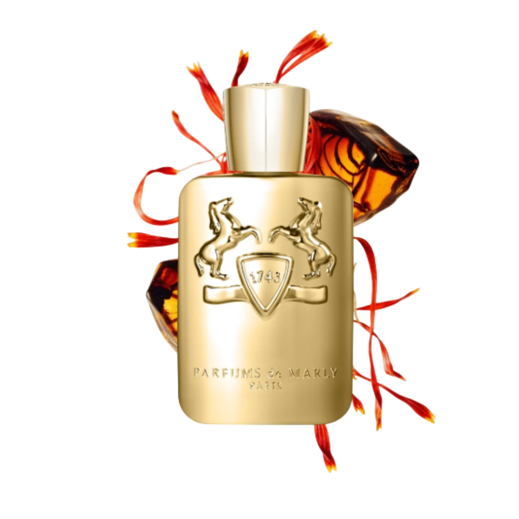Fragrance Emporium – Parfums de Marly Godolphin Eau de Parfum bottle with saffron strands, emphasizing its rich spicy notes and oriental leather character.