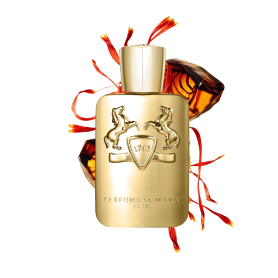 Fragrance Emporium – Parfums de Marly Godolphin Eau de Parfum bottle with saffron strands, emphasizing its rich spicy notes and oriental leather character.
