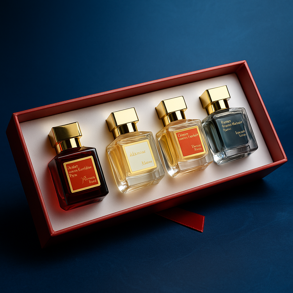Golden Essence discovery set arranged in a red velvet flat lay – perfect fragrance gift set for collectors and connoisseurs by Fragrance Emporium.

