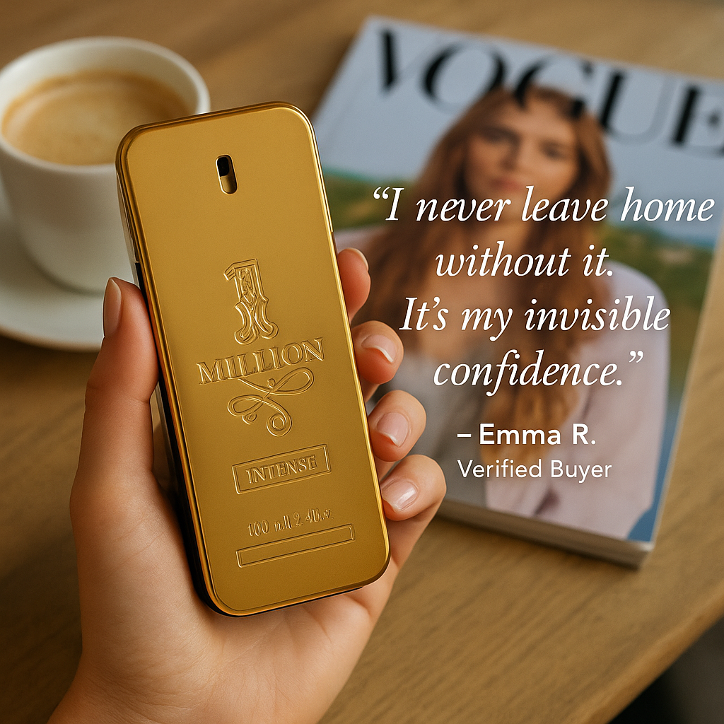 Gold Aura Imperial Flame Eau de Toilette held by hand with lifestyle elements and fashion magazine – premium fragrance with editorial aesthetic.

