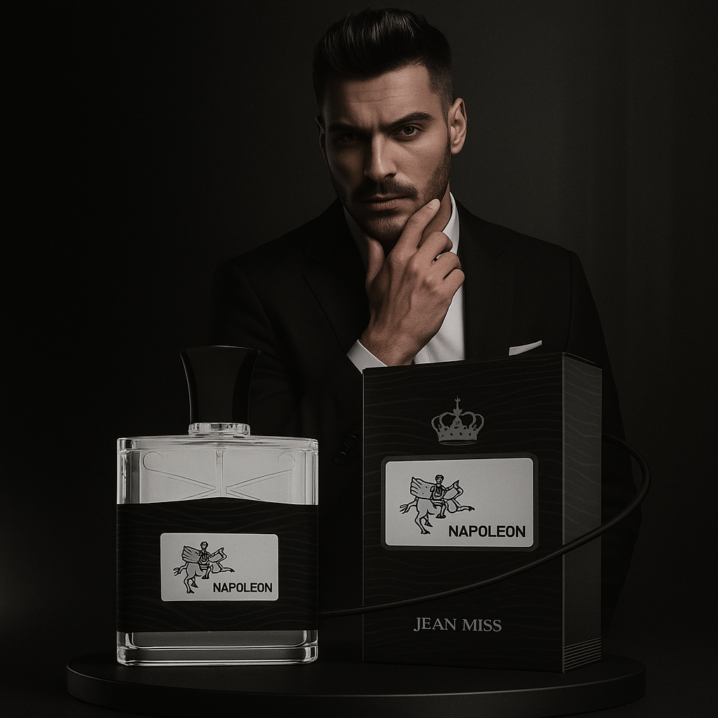 Confident man with Imperial Ride Napoleon Edition bottle by Fragrance Emporium, symbolizing ambition and masculine allure

