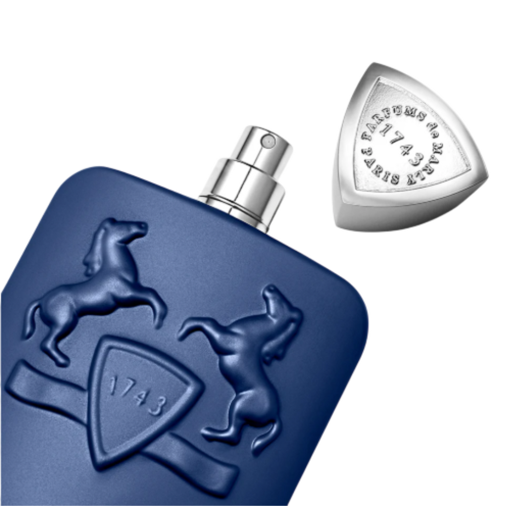 Fragrance Emporium – Parfums de Marly Layton Eau de Parfum, navy blue bottle photographed at an angle with cap off, showcasing its premium presentation.
