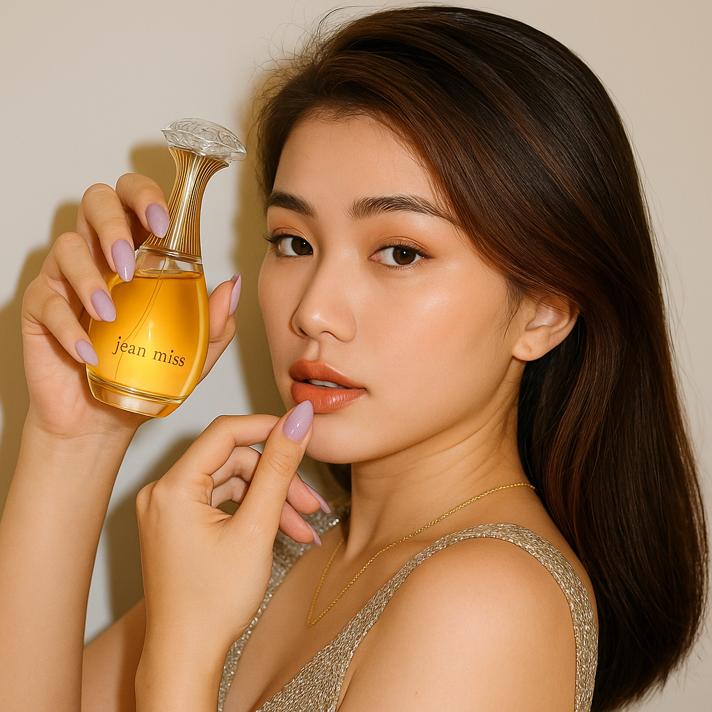 Woman elegantly holding Lustre d’Or perfume by Fragrance Emporium, showcasing the fragrance’s refined and enchanting character

