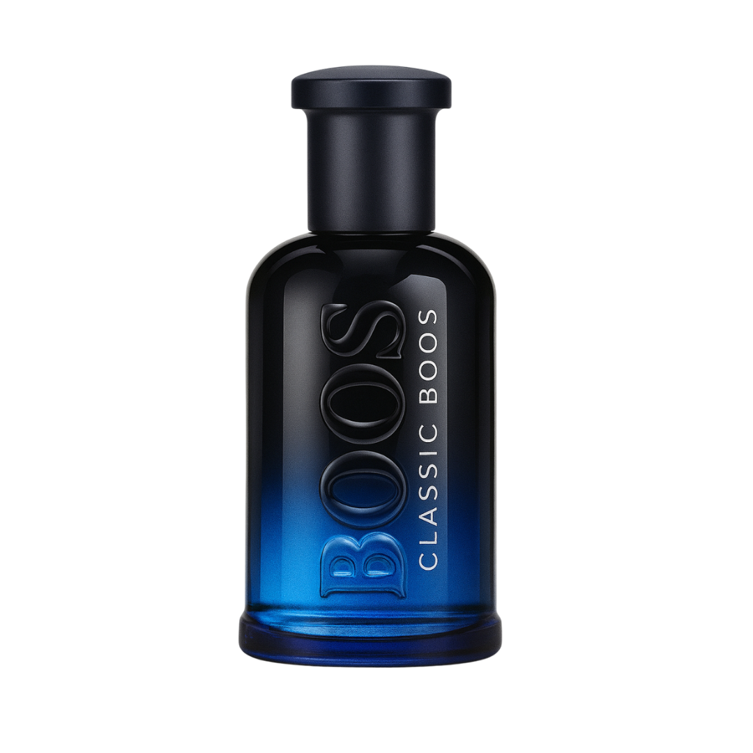 Classic Boos Pour Homme EDT bottle from Fragrance Emporium on a white background, showcasing its bold, masculine blue-black design


