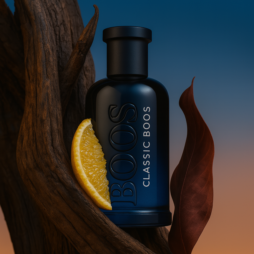 Fragrance Emporium’s Midnight Sprint bottle held next to delicate white flowers, balancing boldness with subtle floral freshness

