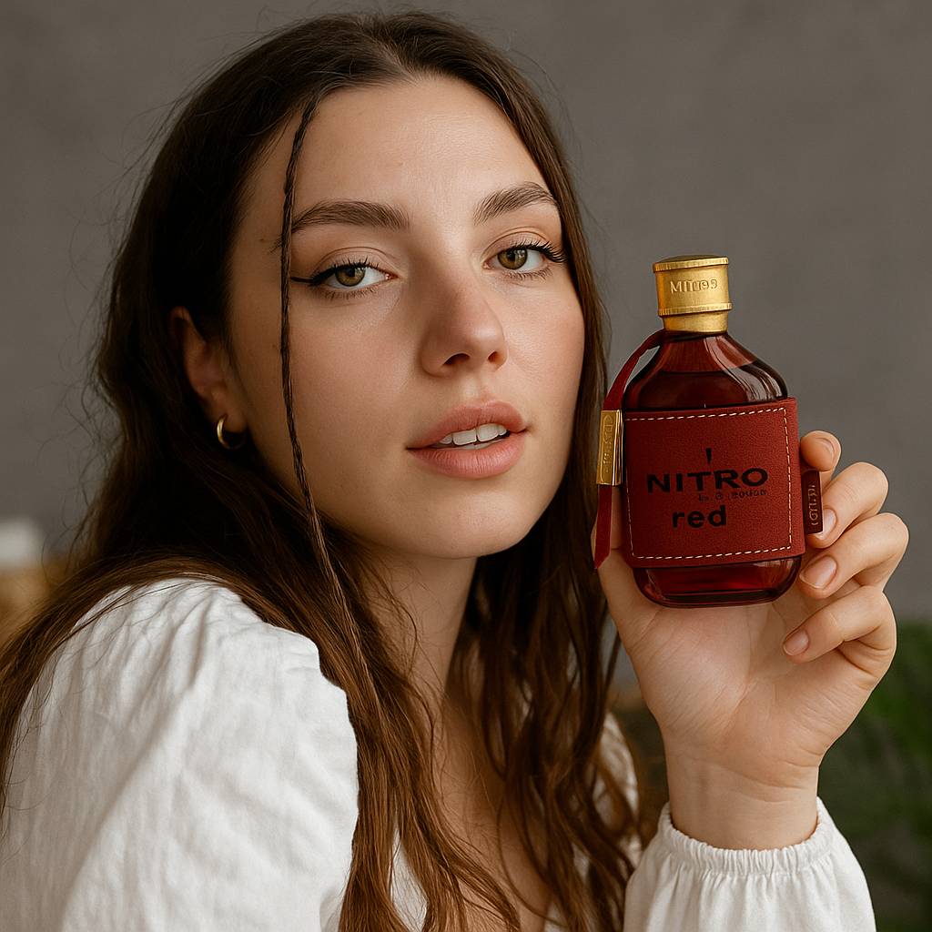 Woman confidently holding Redline Force Nitro bottle – modern lifestyle imagery for energetic fragrance by Fragrance Emporium.

