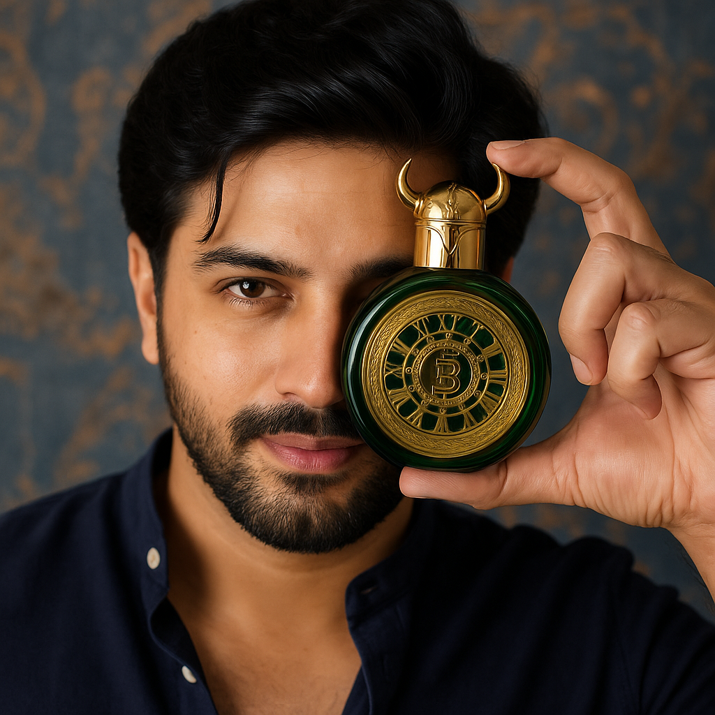 Man holding Valhalla Forge Eau de Parfum bottle – intense and powerful unisex warrior scent from Fragrance Emporium.


