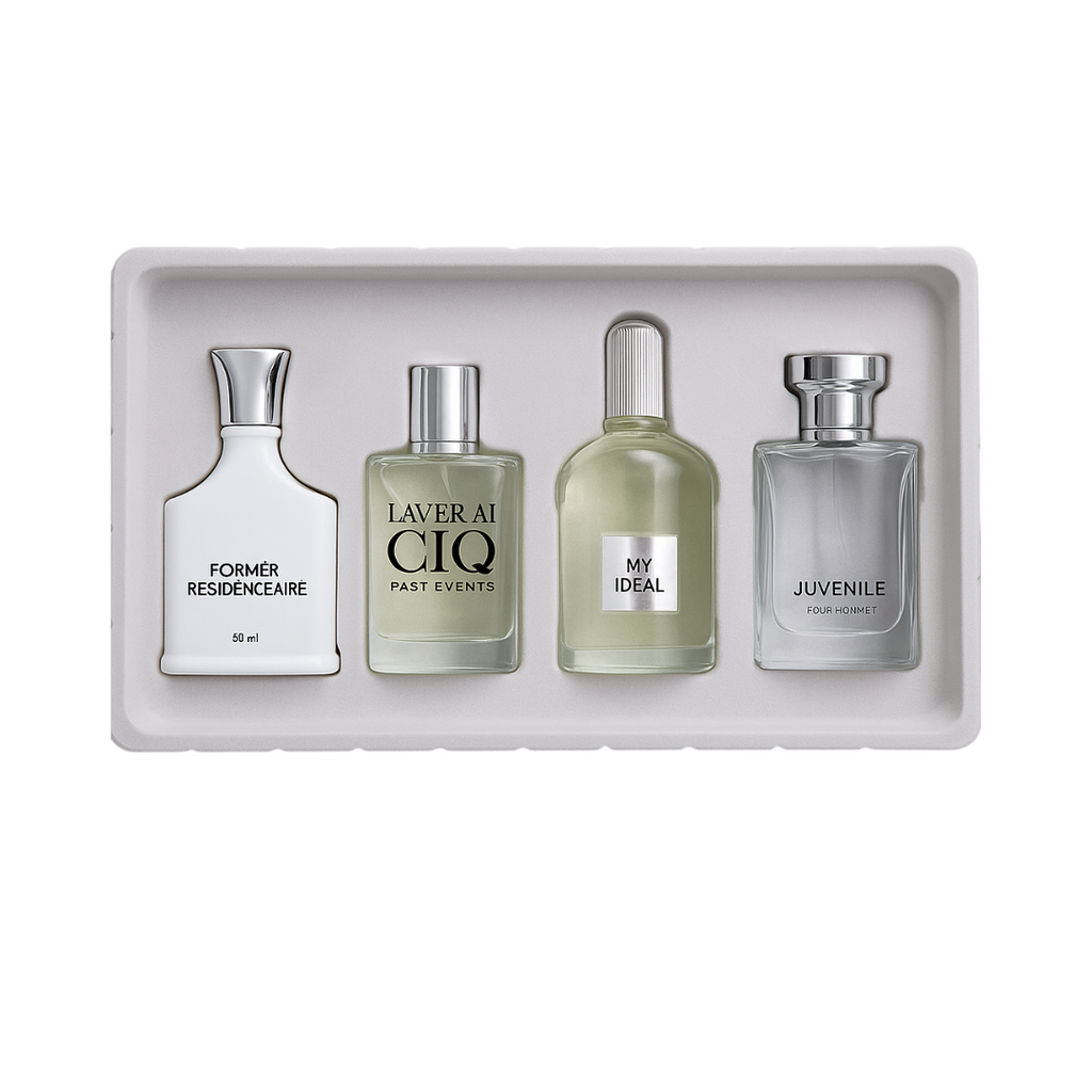 Modern Muse men’s EDT set by Fragrance Emporium featuring four elegant colognes arranged in a sleek white gift box

