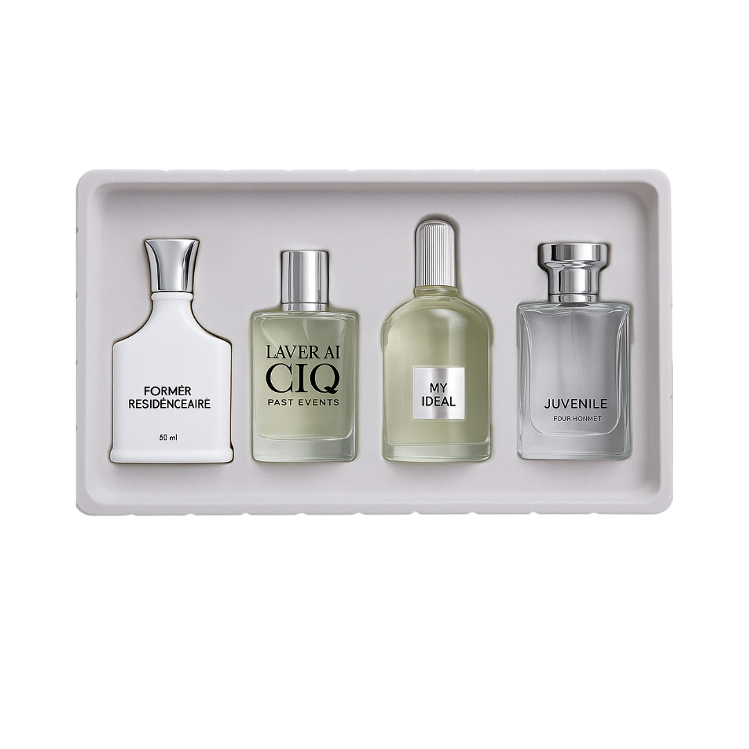 Modern Muse men’s EDT set by Fragrance Emporium featuring four elegant colognes arranged in a sleek white gift box

