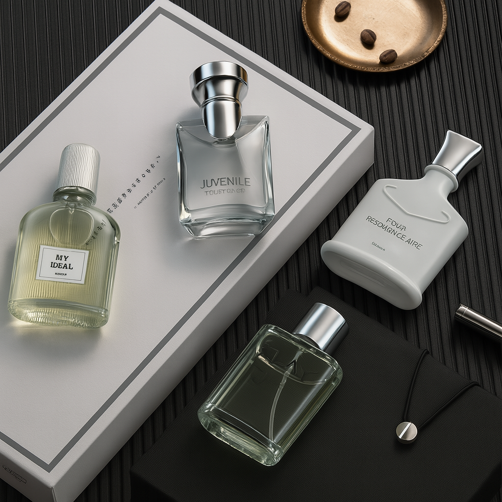 Modern Muse cologne gift set by Fragrance Emporium photographed in a lifestyle setting with a coffee cup, emphasizing daily elegance

