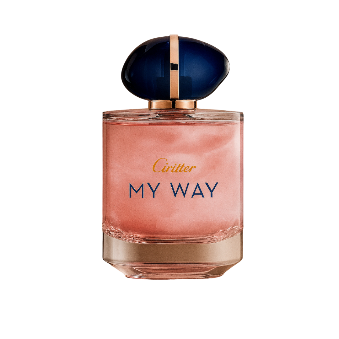 My Way Blossom Eau de Parfum by Fragrance Emporium in a soft pink bottle with blue cap – elegant floral-woody fragrance for modern femininity.

