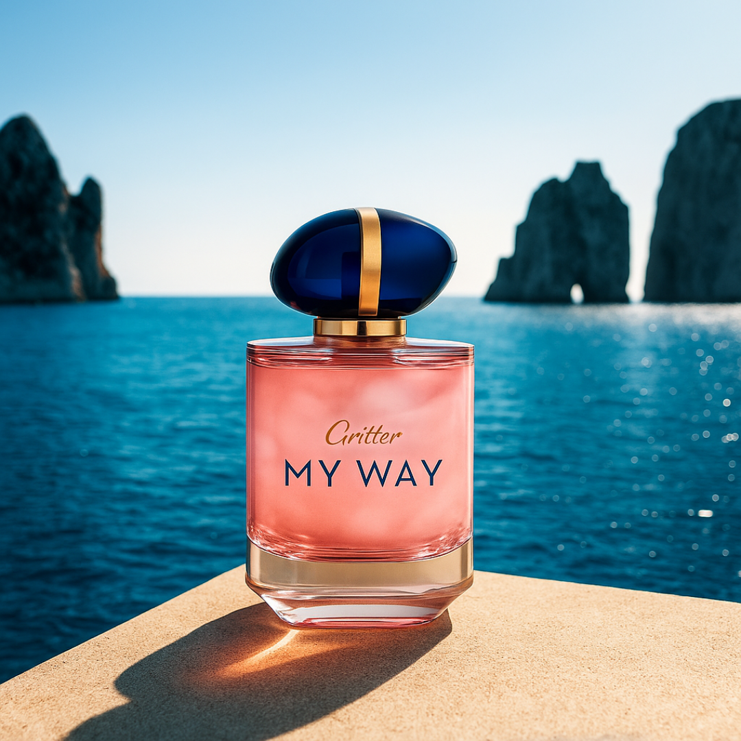 My Way Blossom EDP positioned by a coastal backdrop – radiant, carefree summer essence of floral sweetness and elegance by Fragrance Emporium.

