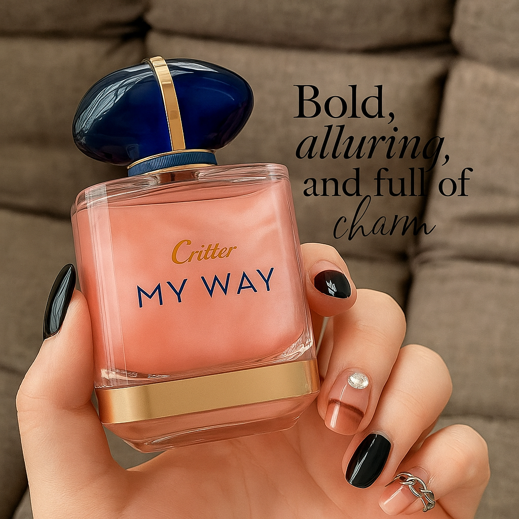 Flat lay of My Way Blossom perfume bottle on a book – romantic and luxurious styling for feminine fragrance by Fragrance Emporium.

