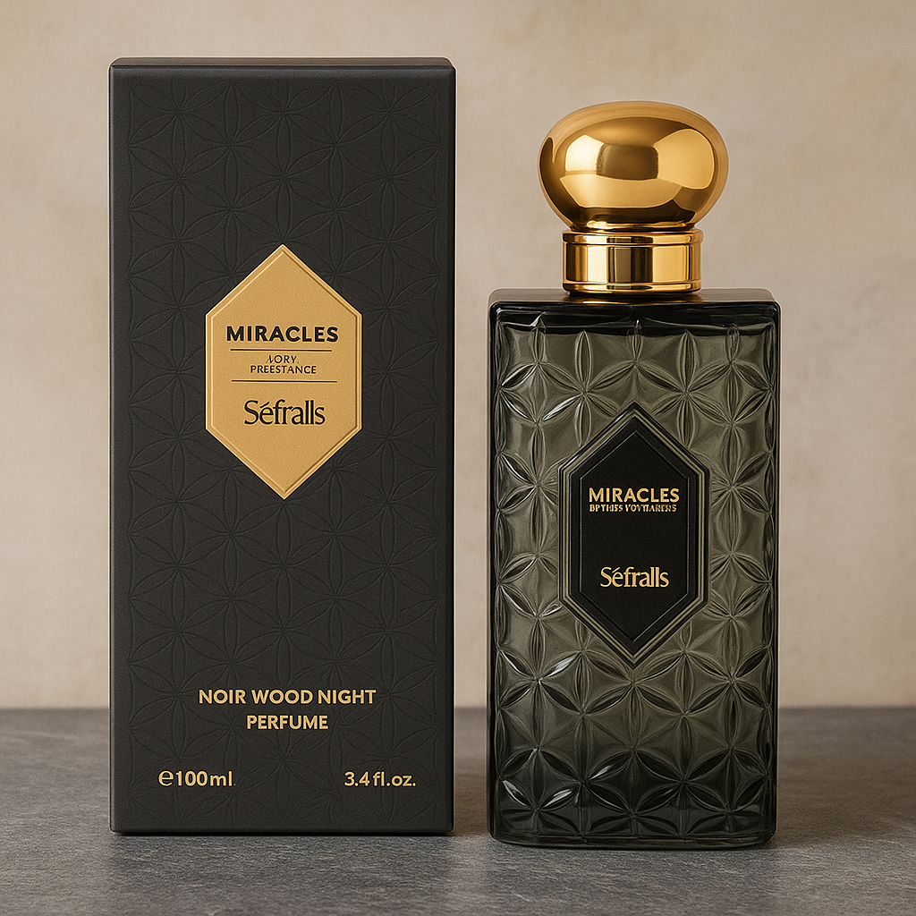 Séfralls Miracles Noir Wood Night Eau de Parfum by Fragrance Emporium shown next to its elegant packaging box, ideal for gifting

