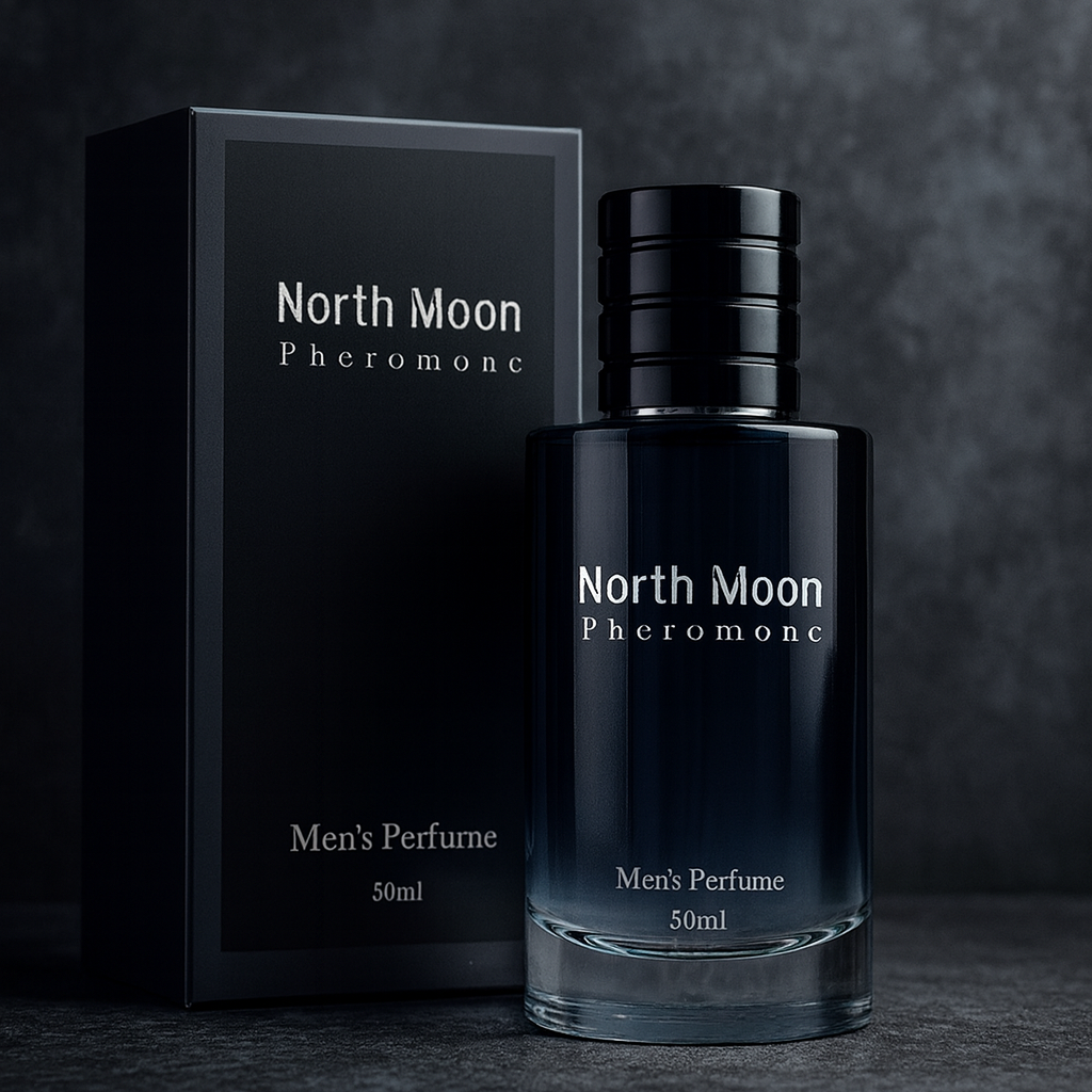 North Moon Pheromone Eau de Parfum by Fragrance Emporium placed next to its elegant dark-themed packaging in dramatic lighting