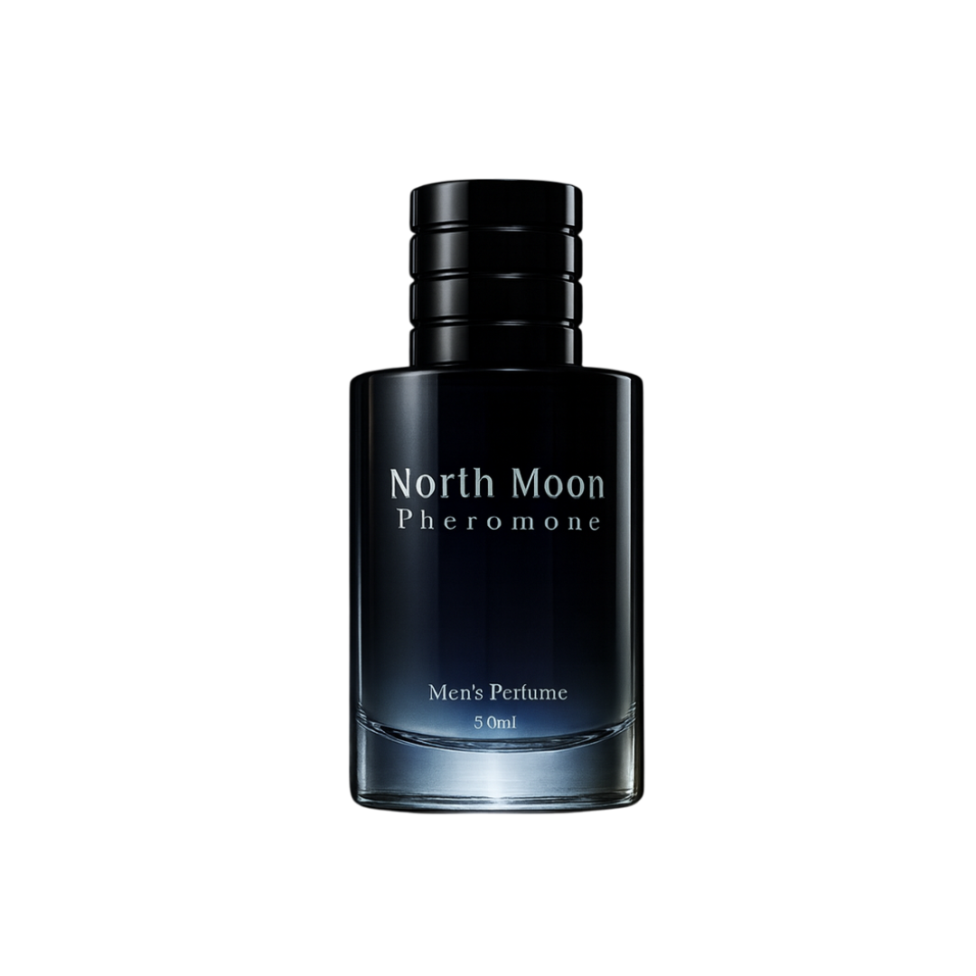 North Moon Pheromone Eau de Parfum by Fragrance Emporium shown on a white background, featuring a bold, deep blue bottle design