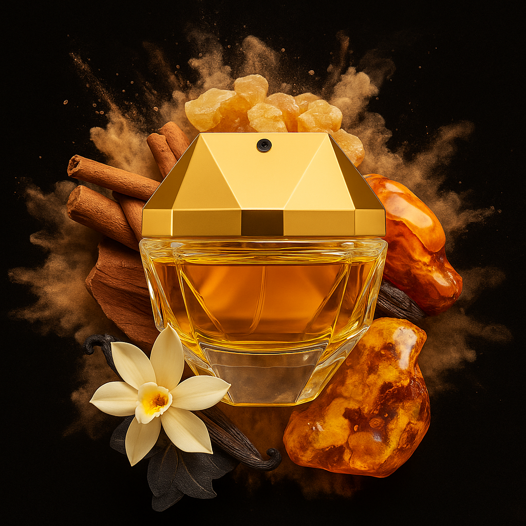 Opulent Spark bottle styled with golden light, vanilla flower, and rich textures – luxurious scent symbolism by Fragrance Emporium.

