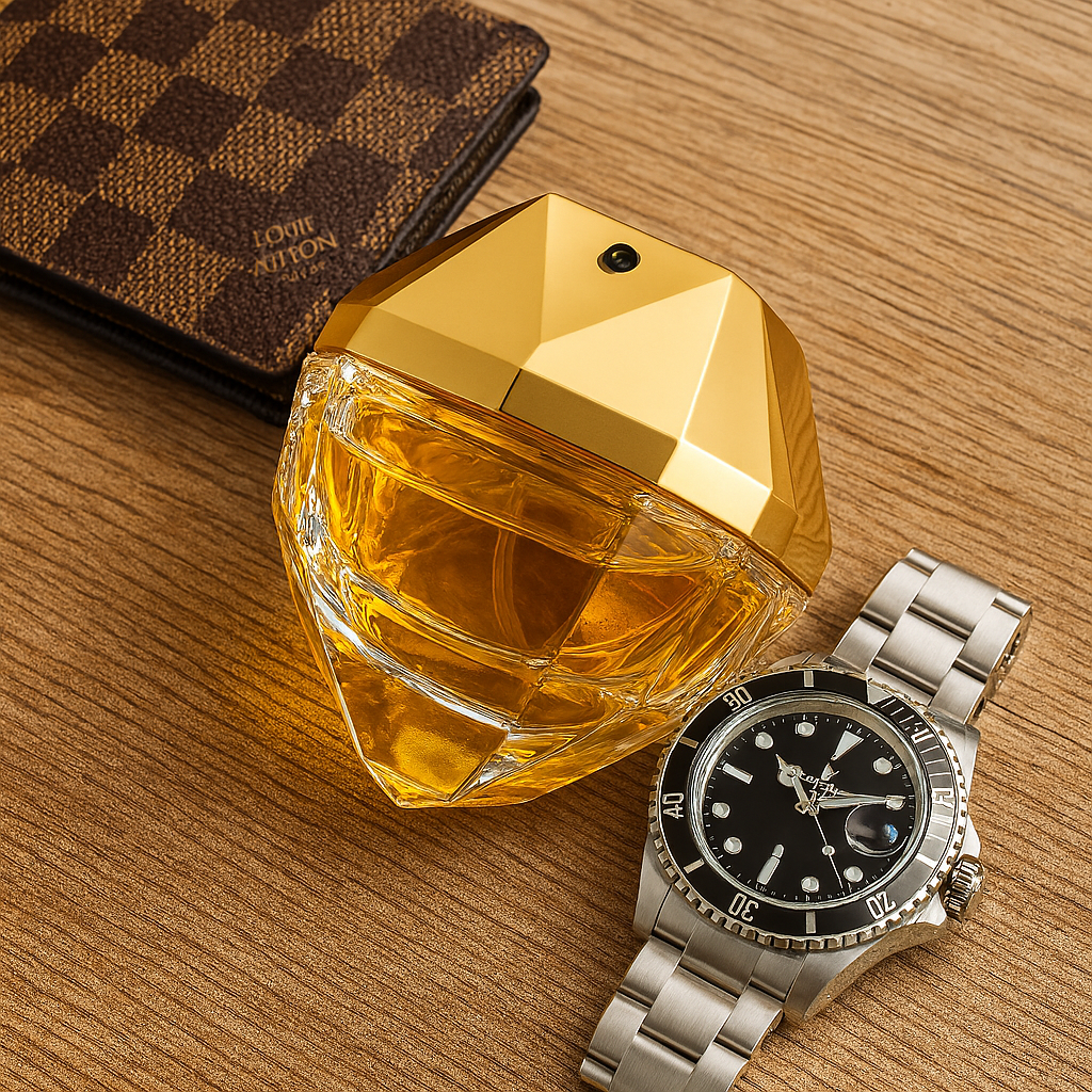Opulent Spark Parfum bottle placed on wood surface with designer accessories – chic and premium lifestyle branding by Fragrance Emporium.

