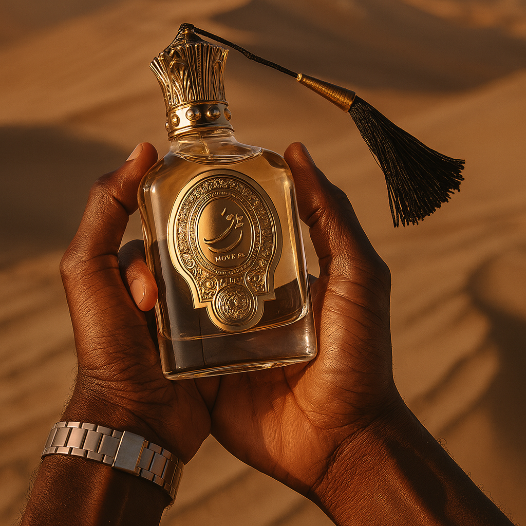 Paris Corner Nouf perfume bottle positioned on a reflective surface under golden lighting, capturing rich oriental essence