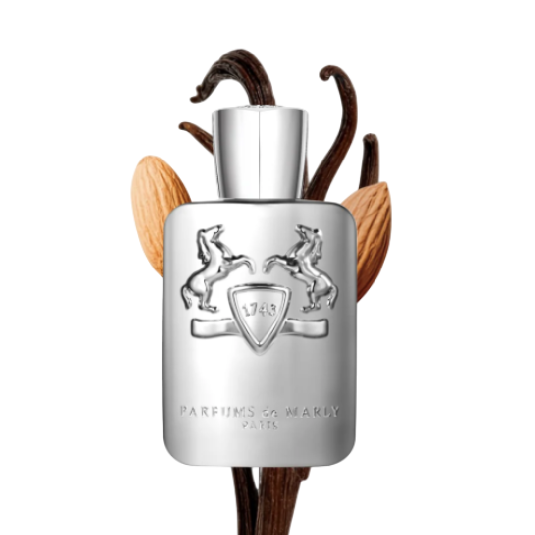 Fragrance Emporium – Parfums de Marly Pegasus Eau de Parfum bottle with almonds and vanilla pods, reflecting its gourmand notes of almond, vanilla, and sandalwood.