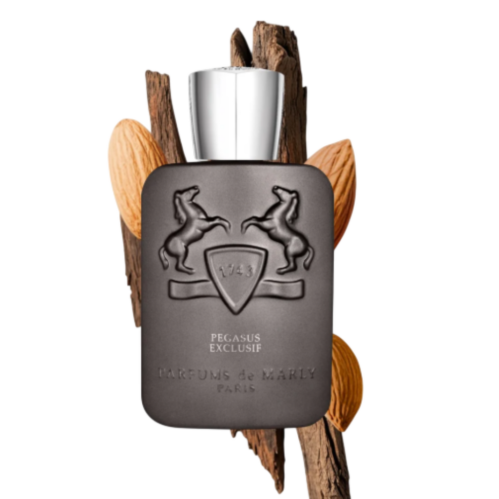 Fragrance Emporium – Parfums de Marly Pegasus Exclusif Eau de Parfum bottle with almonds and wood, representing its bitter almond and woody base notes.