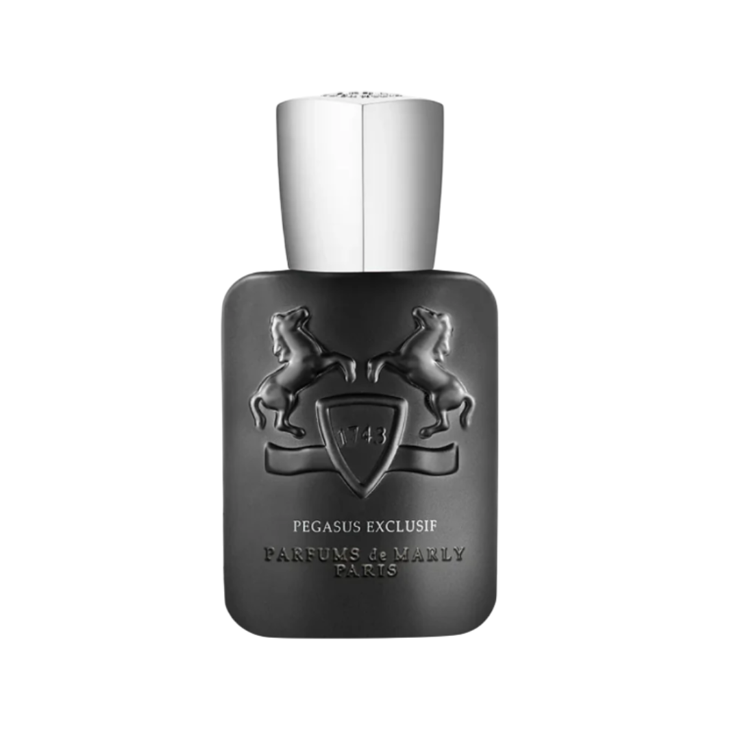 Fragrance Emporium – Parfums de Marly Pegasus Exclusif Eau de Parfum, sleek dark bottle with silver cap. A bold men’s fragrance with almond, oud and vanilla.