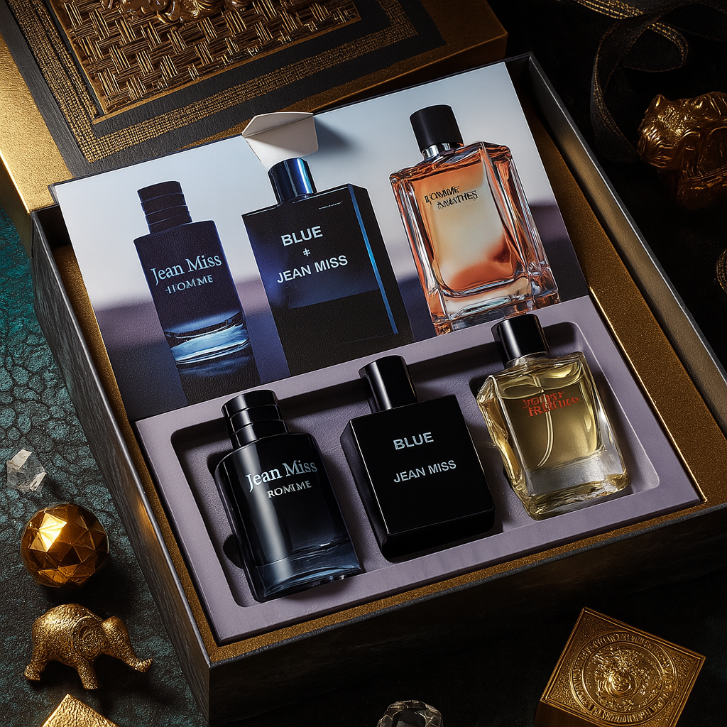 Luxurious Jean Miss Legends fragrance set by Fragrance Emporium arranged in a gold tray, highlighting variety and richness

