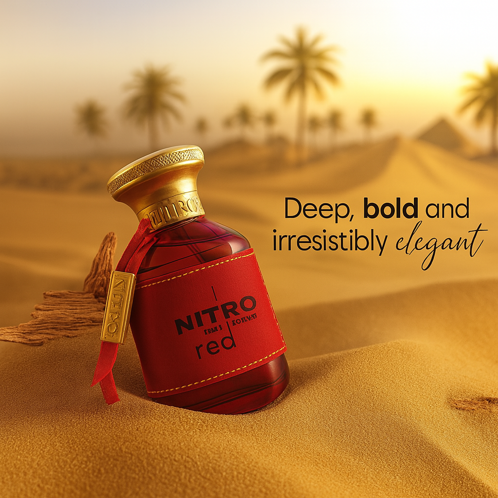 Studio display of Redline Force Eau de Parfum bottle against red background – bold, compact, and intense fragrance design.

