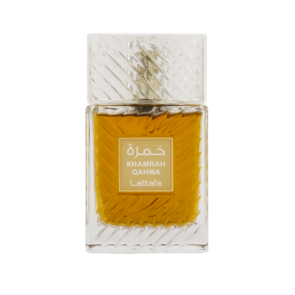 Royal Qahwa Eau de Parfum bottle by Fragrance Emporium – luxurious unisex woody fragrance with golden amber tones on white background.

