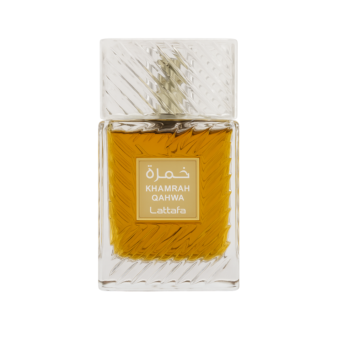 Royal Qahwa Eau de Parfum bottle by Fragrance Emporium – luxurious unisex woody fragrance with golden amber tones on white background.

