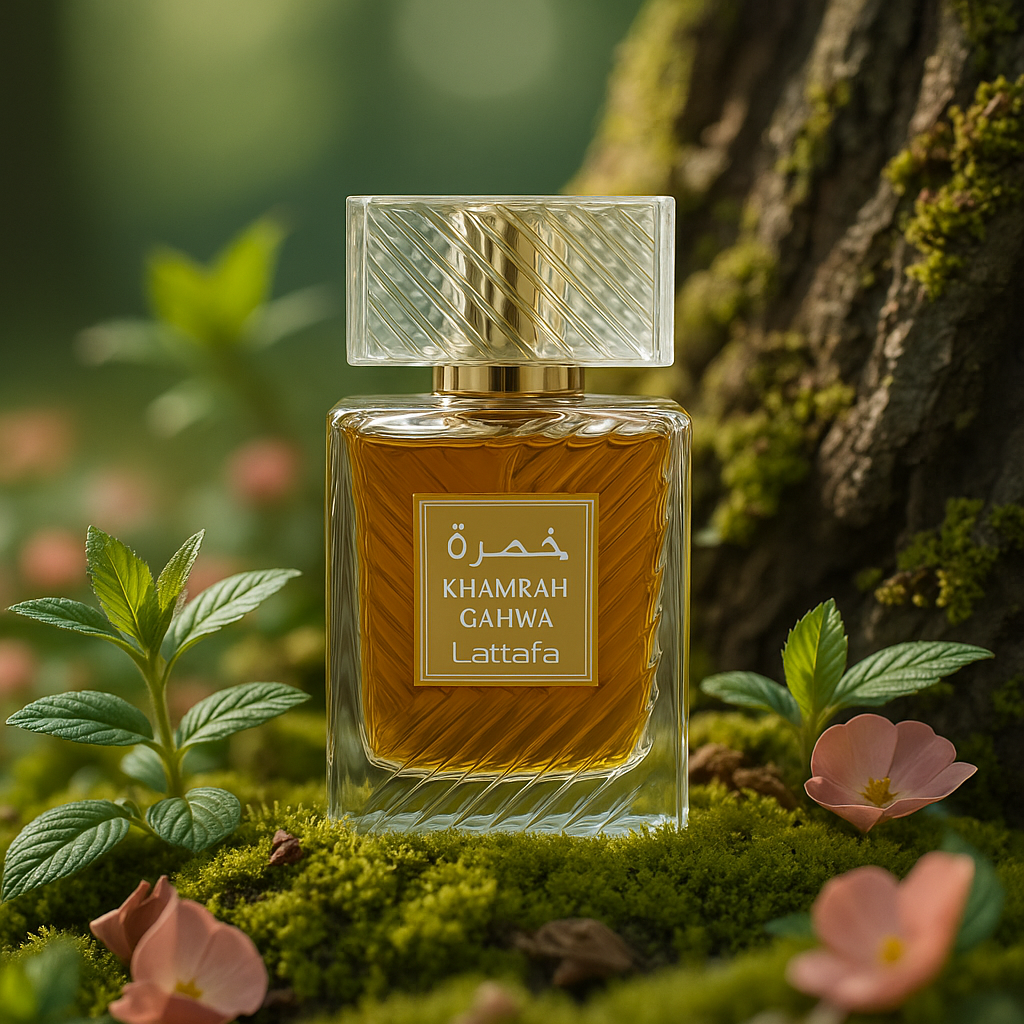 Golden Royal Qahwa bottle placed on moss and wood – earthy, natural background highlighting depth and woody scent notes.

