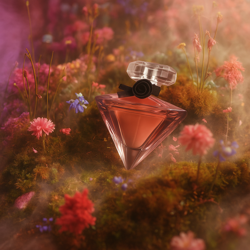 Ruby Veil Night Seduction EDP by Fragrance Emporium set against a dreamy floral backdrop, symbolizing luxury and allure

