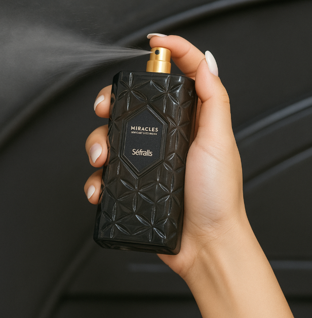 Close-up of Séfralls Miracles Noir Wood Night bottle in hand, showing embossed glass and refined detail

