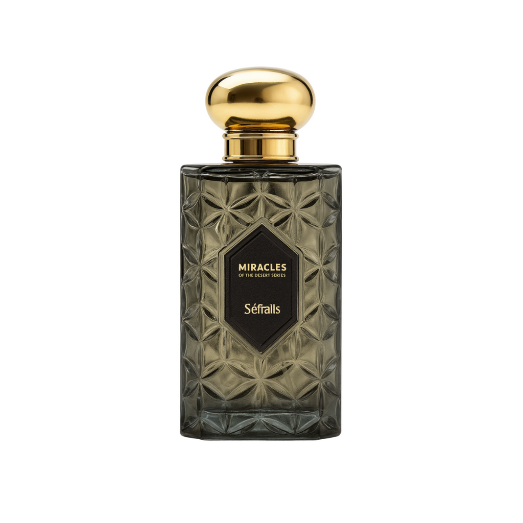 Séfralls Miracles Noir Wood Night Eau de Parfum by Fragrance Emporium, 100ml bottle in luxury geometric black design with golden cap


