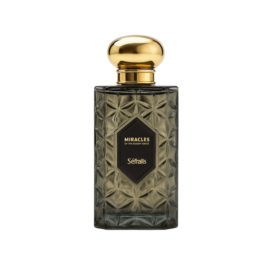 Séfralls Miracles Noir Wood Night Eau de Parfum by Fragrance Emporium, 100ml bottle in luxury geometric black design with golden cap


