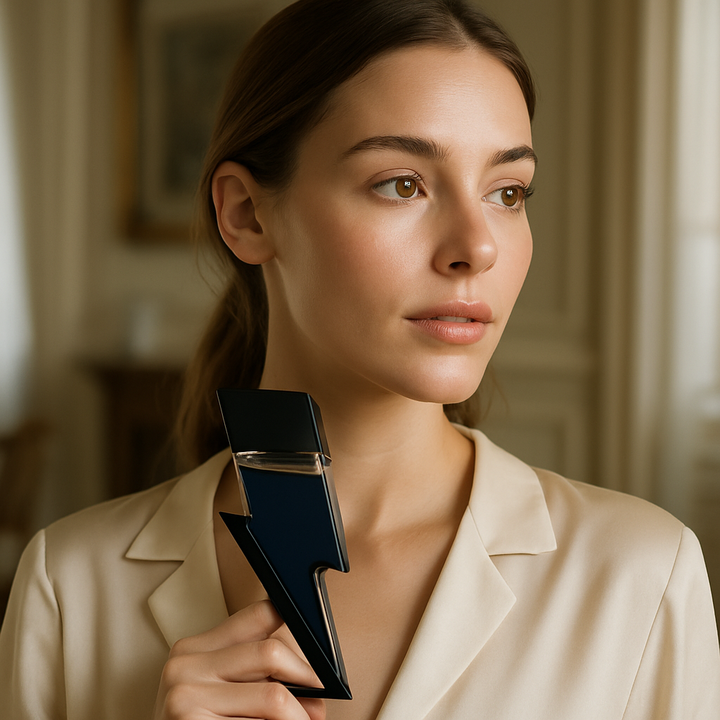 Stylish woman holding Shockwave Intense by Fragrance Emporium – modern lifestyle imagery for premium fragrance brand marketing.

